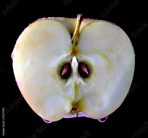 half a wet apple with juicy drips