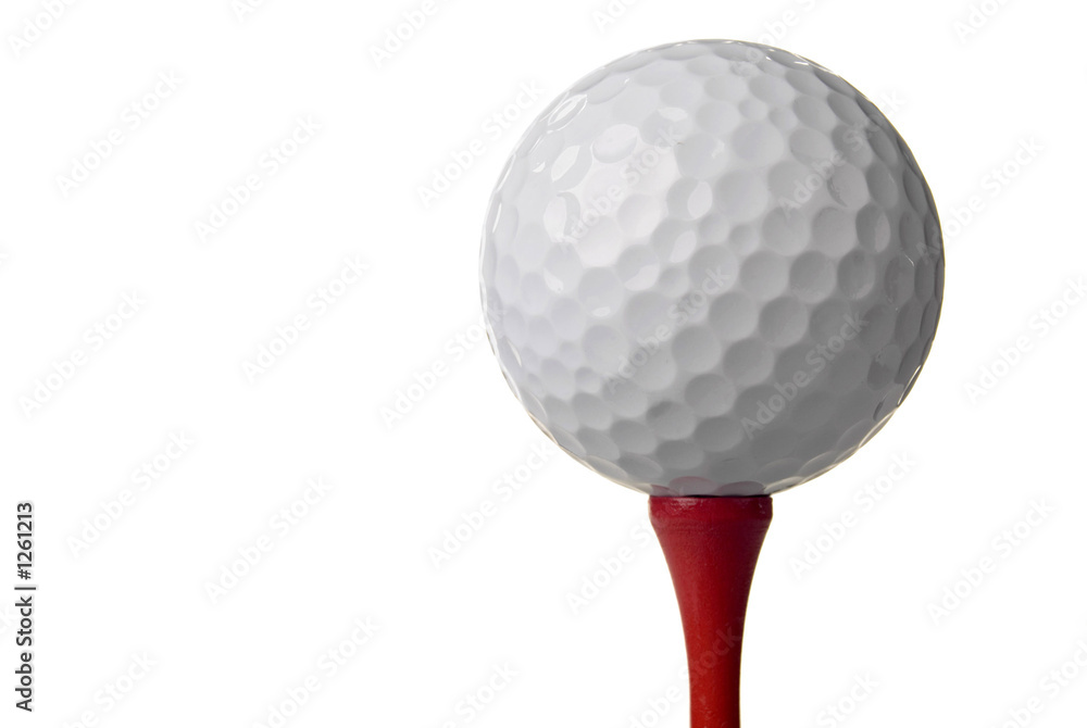 golf ball on red tee, white background - obrazy, fototapety, plakaty 
