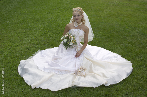 the fine bride sits on a meadow.