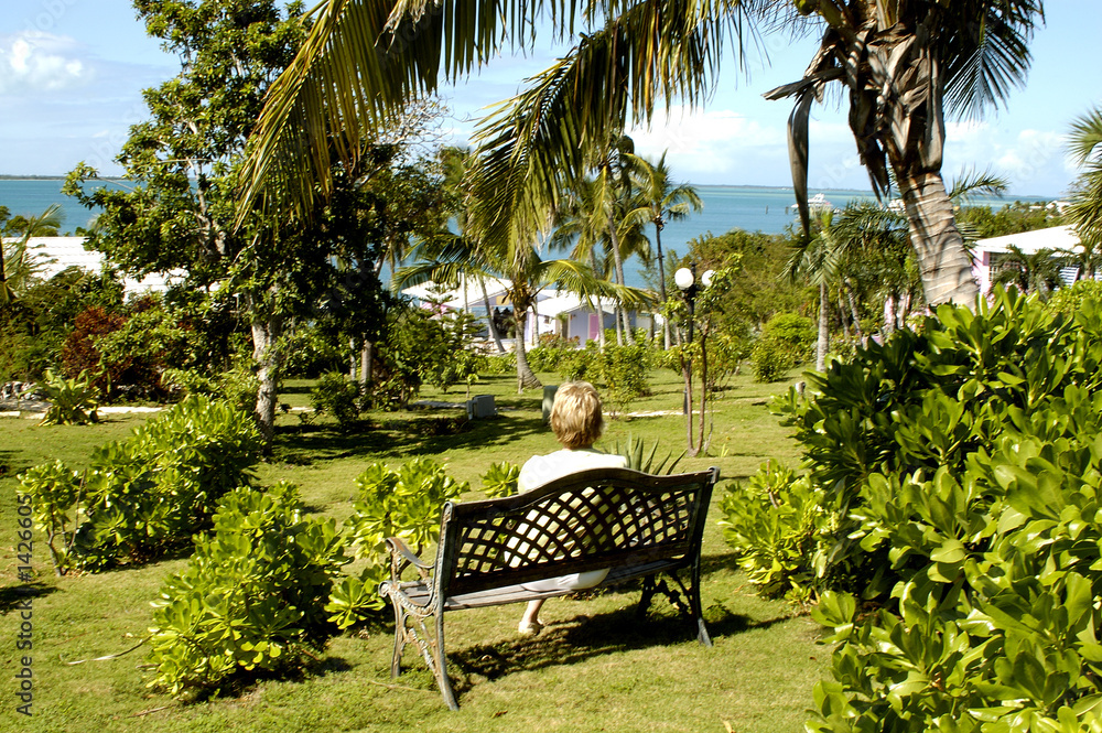 lady on a bench, bahamas