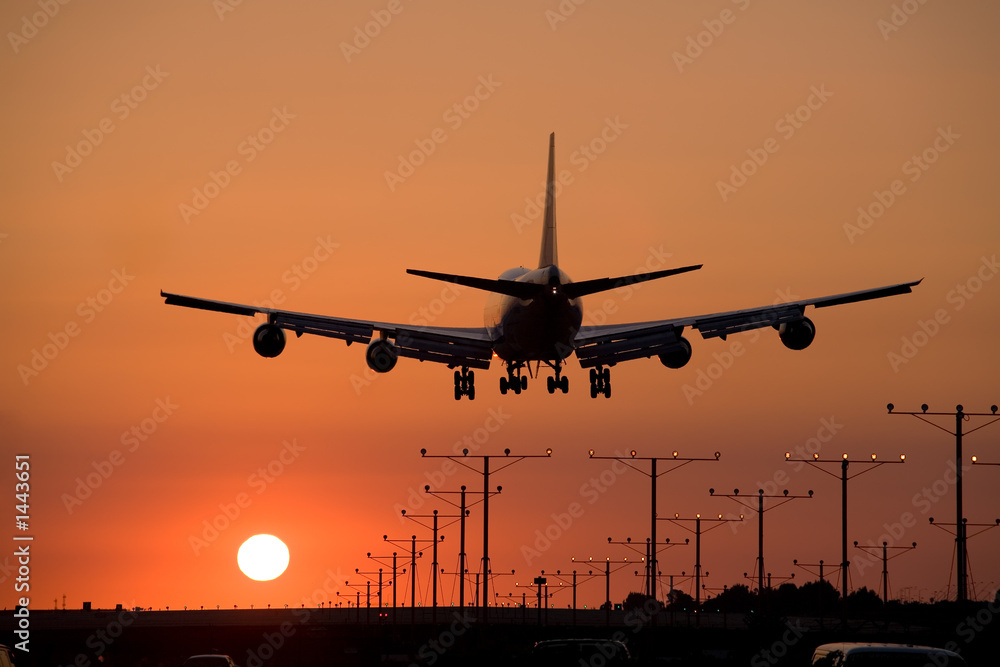 sunset jet landing 3 - obrazy, fototapety, plakaty 