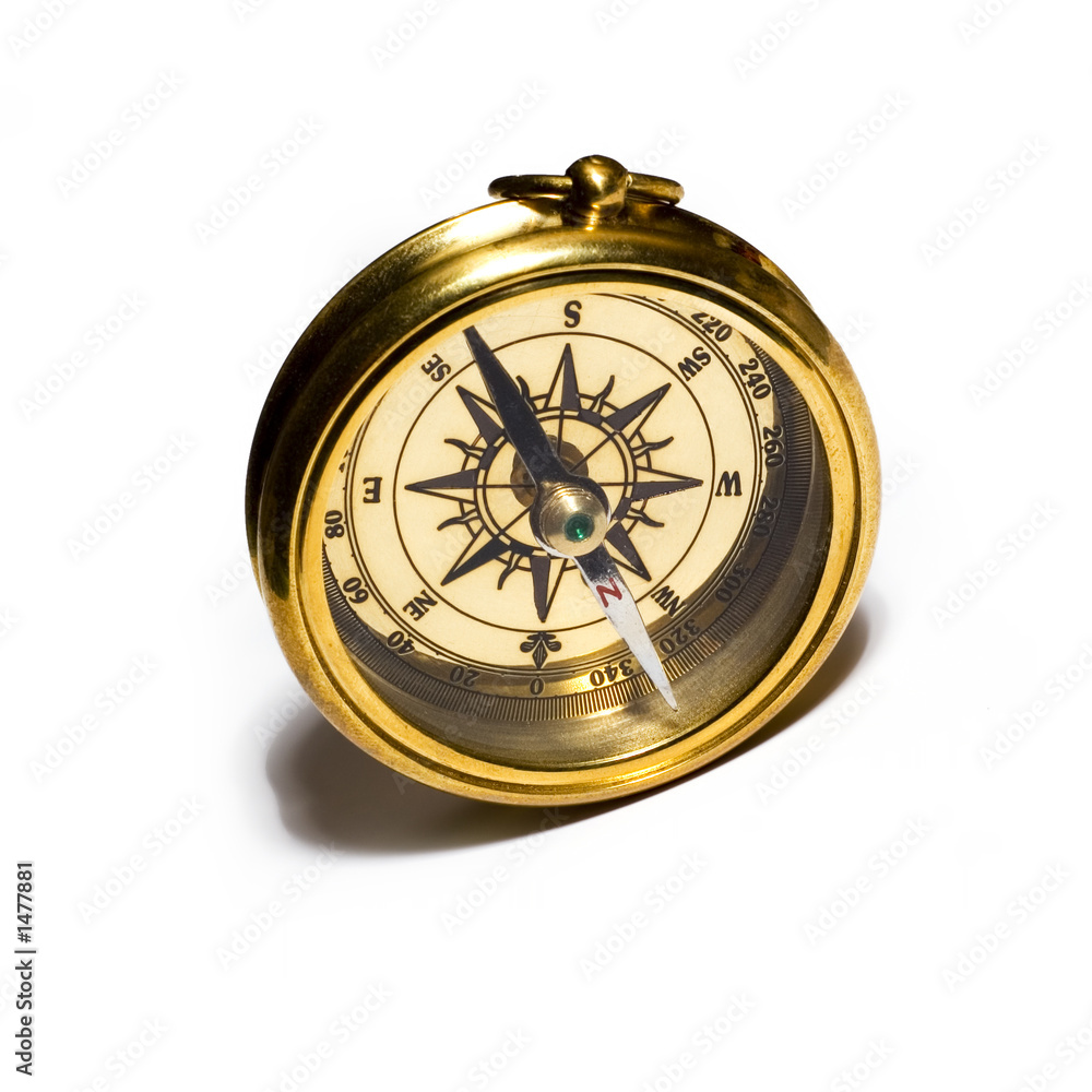 old style gold compass on white background