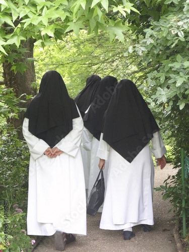 back view of nuns walking through garden photo