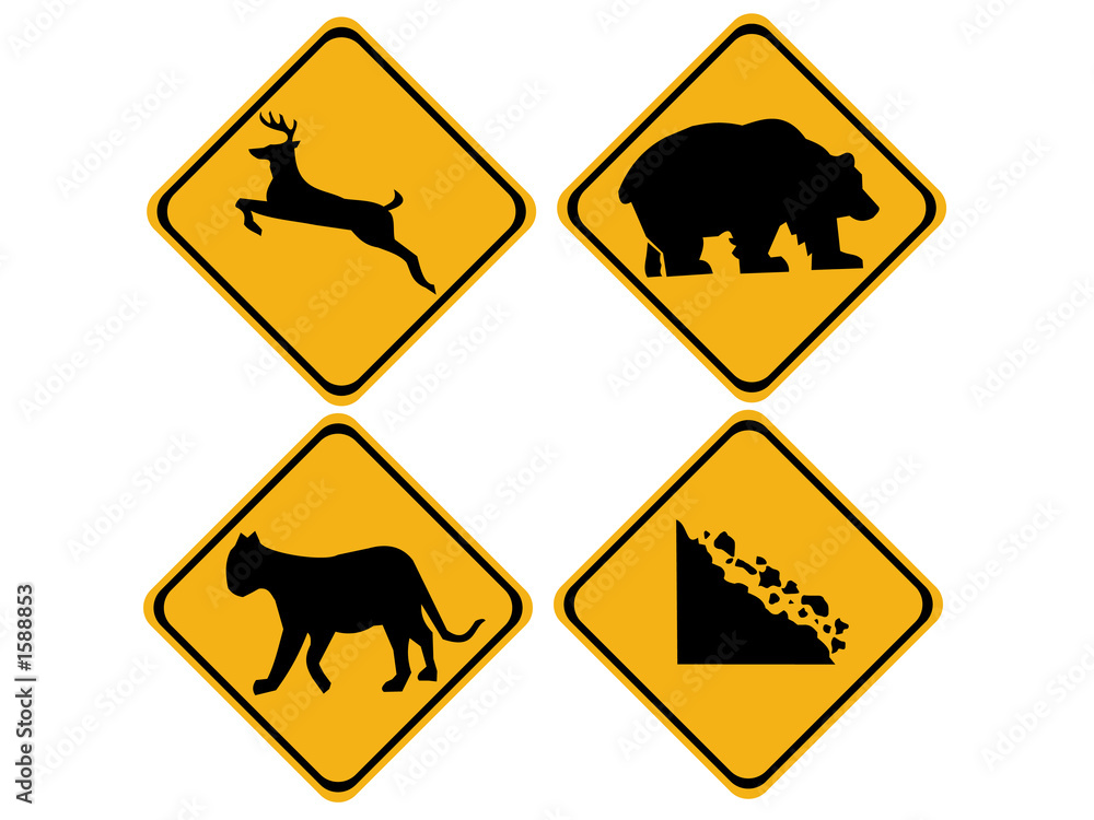 warning wildlife signs deer, bear, puma, falling r Stock Illustration |  Adobe Stock