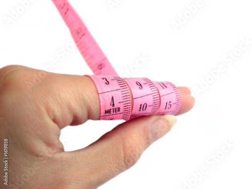 hand with pink tape measure against white background