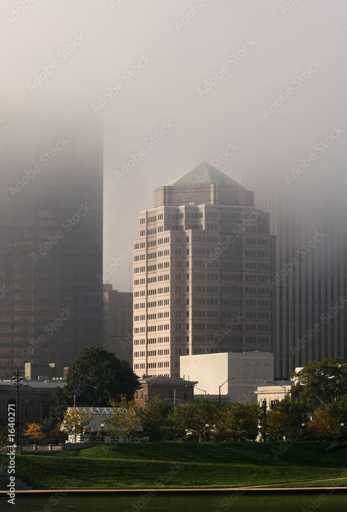 fog shrouded buildings