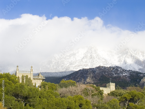 winter morning landscape with a palace in crimea. photo