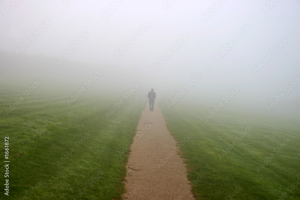 a man walking in to the mist