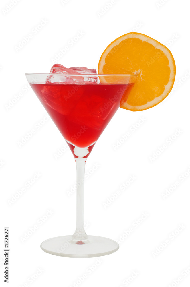 red cocktail with a slice of orange and icecubes