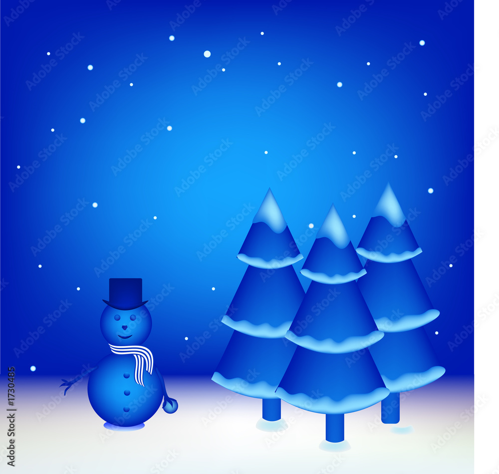 blue snowman and christmas trees