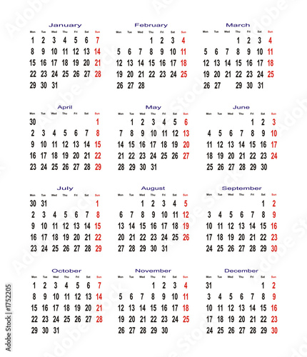 calendar for 2007 year. sundays are red