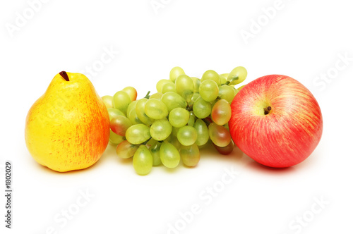 pear, apple and grapes isolated on white
