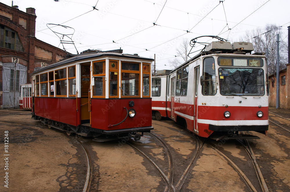 vintage trams in depot