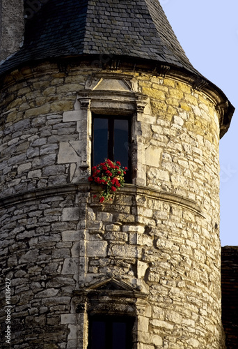 tower in french town with flowers in window
