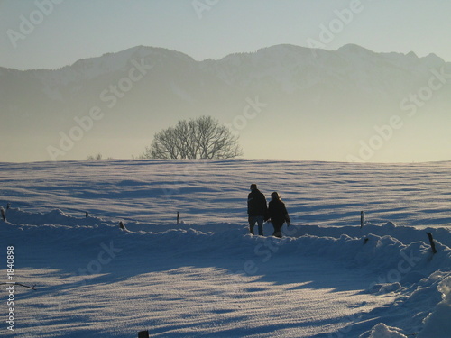 a walk in winter landscape with mountain backdrop photo