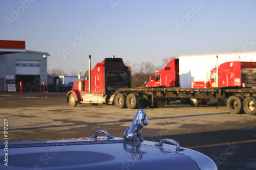 chrome dog guards the truck stop