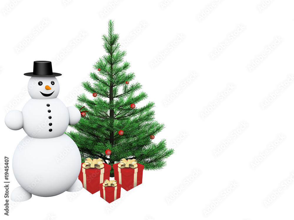 snowman with gifts and christmas tree