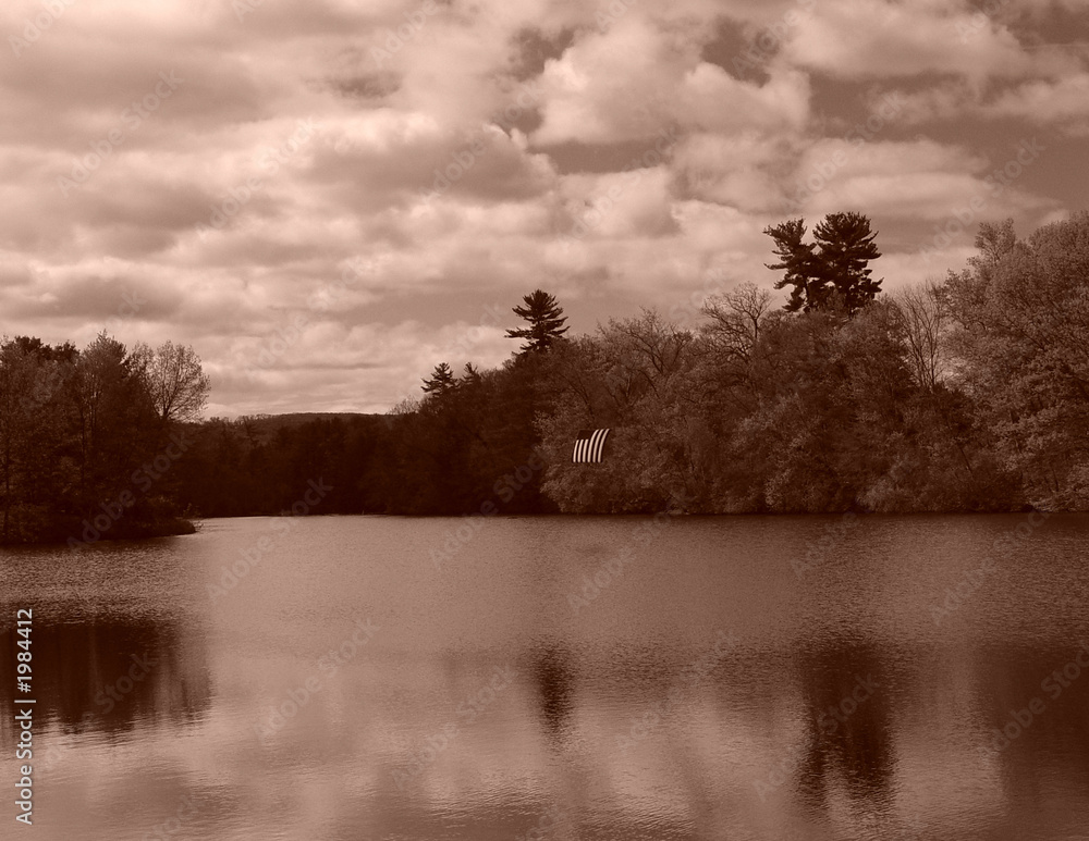surreal looking scene of american flag over the pond surreal looking scene of american flag over the pond