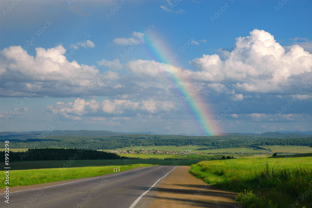 road, clouds and rainbow