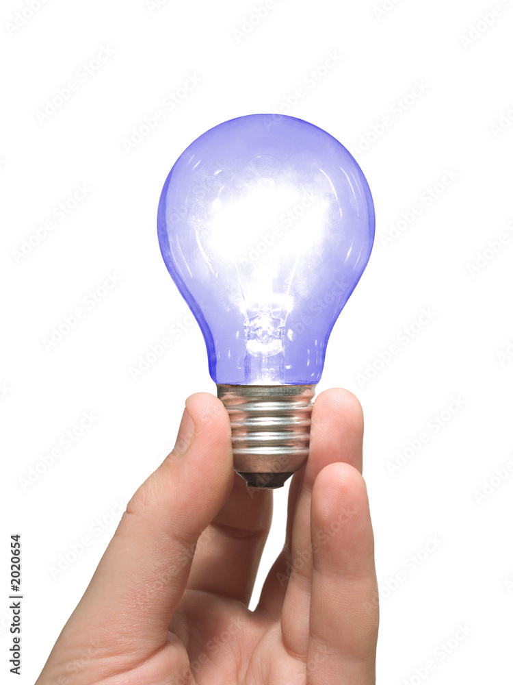 blue light bulb in hand blue light bulb in hand