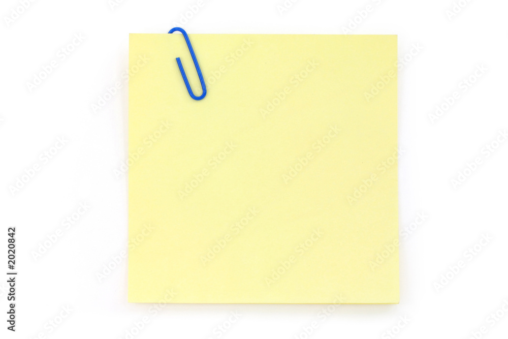 blue paper clip with yellow notepaper blue paper clip with yellow notepaper