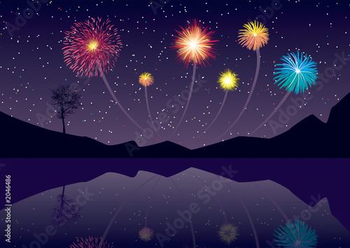 exploding fireworks over a still lake