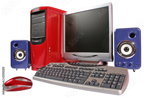 red computer with blue acoustic systems