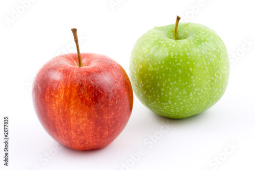 red and green apple on white