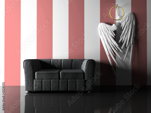 interior with black sofa and pair wings