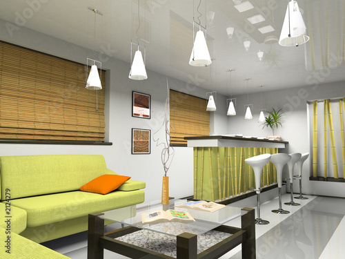 interior with green sofa and bamboo jalousie