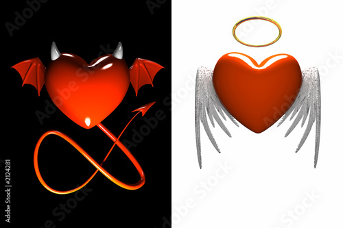 Fotografía red heart-devil and red heart-angel with wings isolated