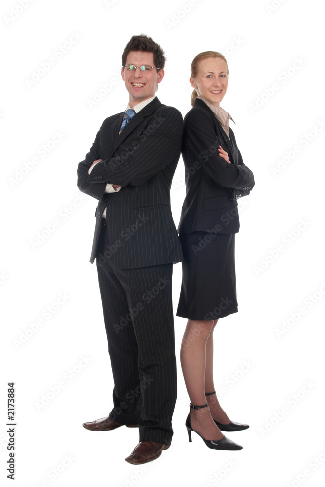 businesswoman and businessman, standing back to ba businesswoman and businessman, standing back to ba