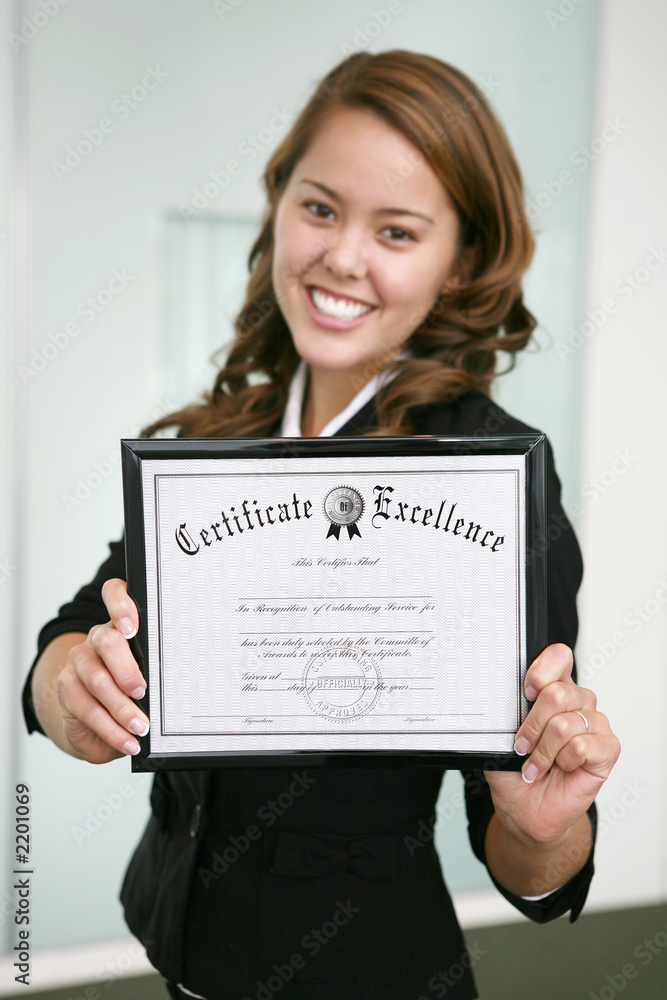 business woman with certificate (focus on certificate) business woman with certificate (focus on certificate)