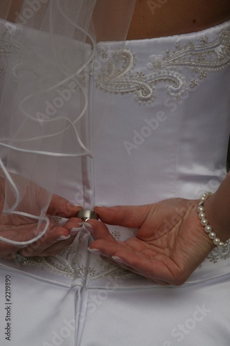 back dress ring band hand hold veil white ornate
