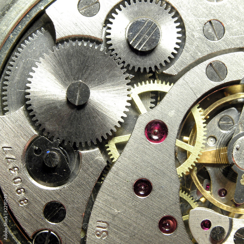 a close-up view of a mechanical watch movement, revealing the intricate inner workings of a timepiece