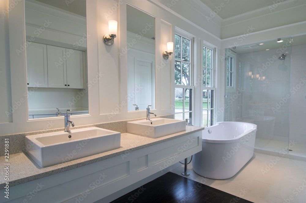 White Bathroom With Double Sinks Stock Foto Adobe - Does A Jack And Jill Bathroom Have Two Sinks