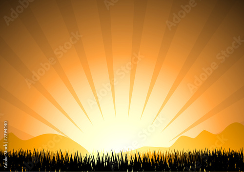 abstract sunset in mountain with grass silhouette, vector illust