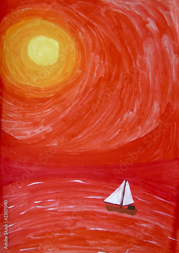 Kind Gemälde Segelschiff auf dem roten Ozean unter der Sonne
