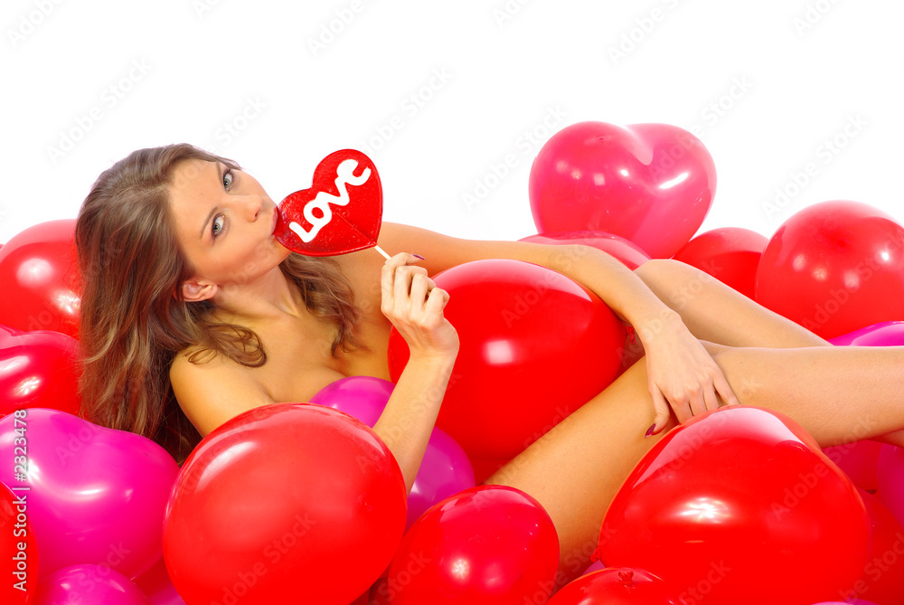 beautiful woman with red heart in balloons beautiful woman with red heart in balloons