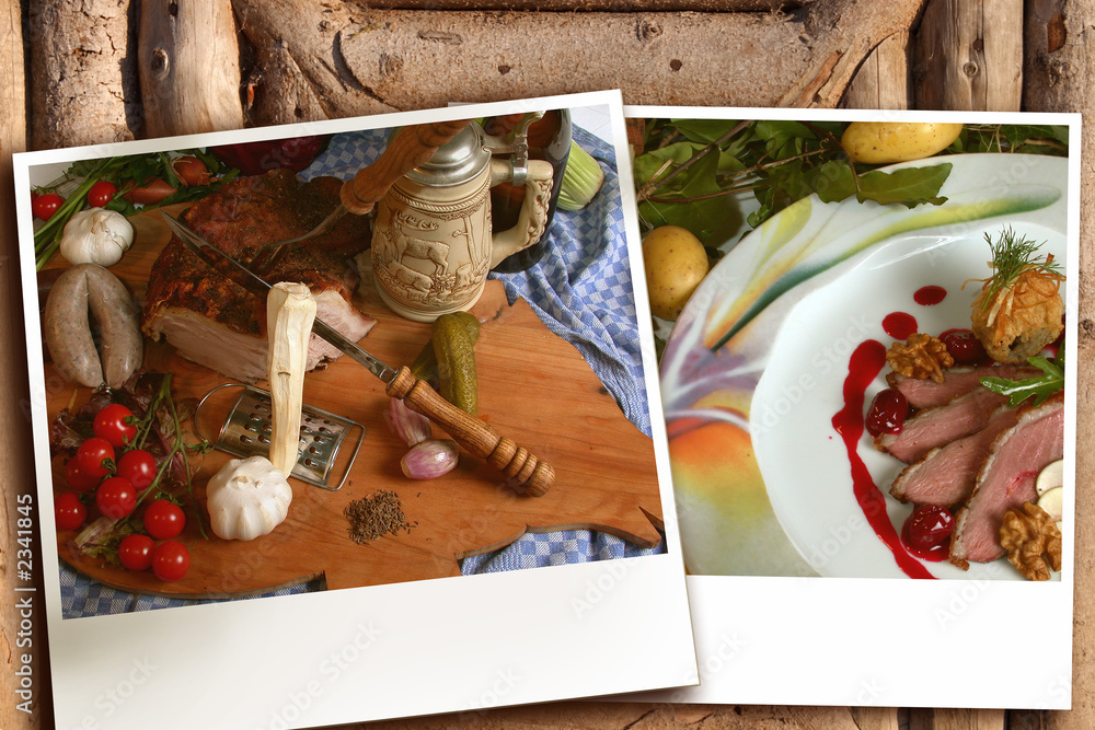 two polaroid with foods fotos on wooded background Stock Photo | Adobe Stock