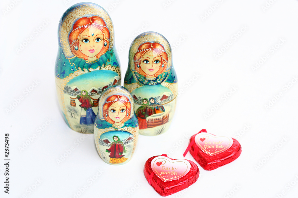 russian matrioshkas with red hearts