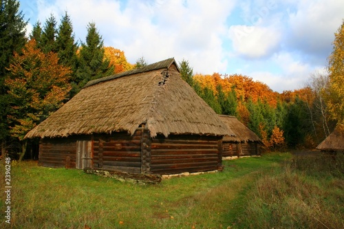 straw roofed house autumn landscape