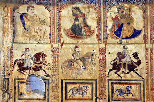 india, mandawa: colourful frescoes  on the walls