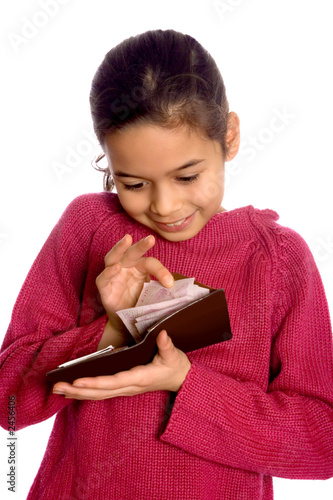 A girl counting some cash in a brown wallet.