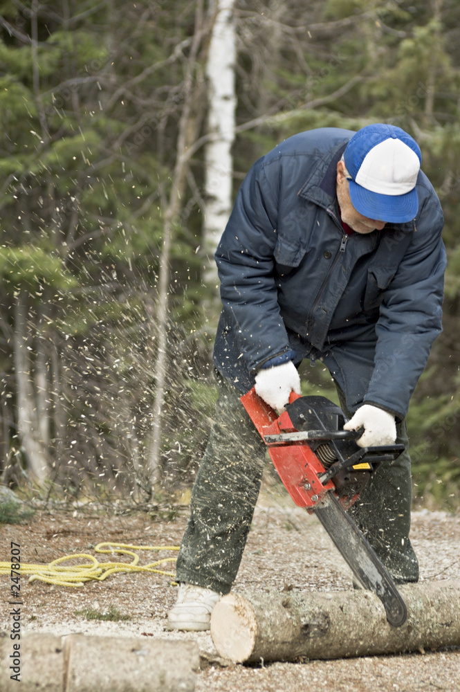 senior using his chain saw senior using his chain saw