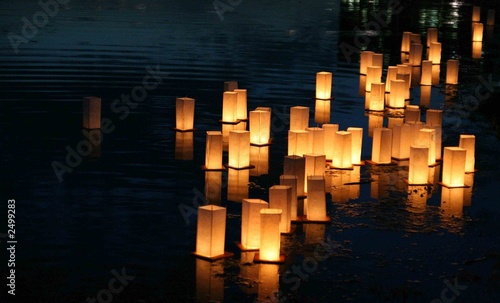 japanese lanterns floating on a lake photo