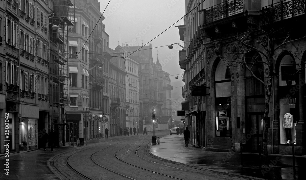 old town on misty morning