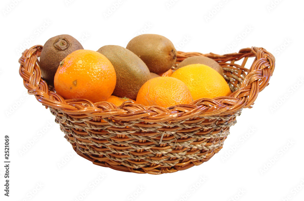 orange and kiwi in basket over white background