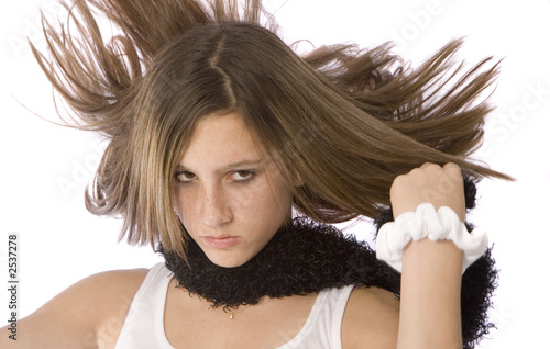 teen girl with hair flying
