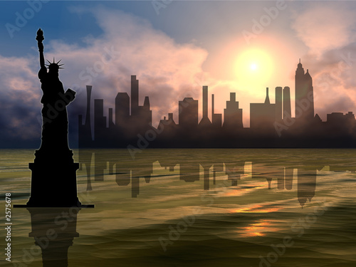 statue of liberty & newyork city sunset photo